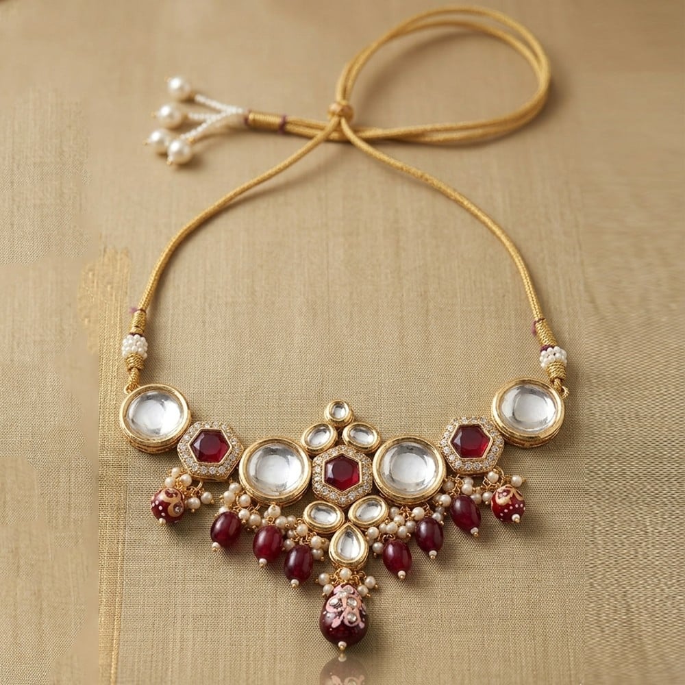 Handcrafted Ruby Kundan Bridal Necklace Set with Pearl Embellishments
